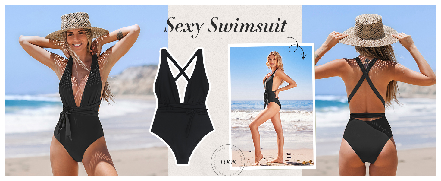 Купальник CUPSHE жіночий монокіні, глибокий V-подібний виріз, однотонний, чорний, розмір M