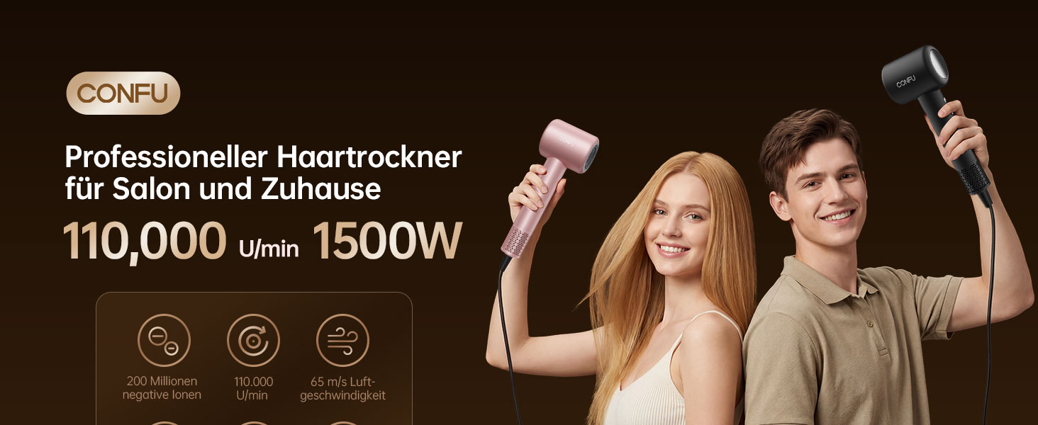 Високошвидкісний фен для волосся CONFU 1500W з диффузором, 110 000 об/хв, іонізація, низький рівень шуму 70дБ, рожевий