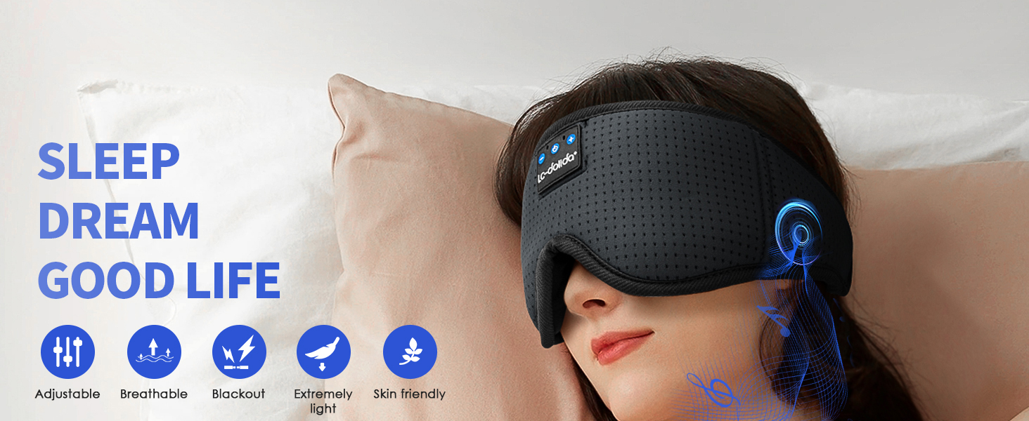 Маска для сну з Bluetooth-навушниками LC-dolida V5.4, дихаюча бавовняна маска для очей з мікрофоном для подорожей, йоги та медитації, HiFi-звук, 15 годин роботи (матовий чорний)