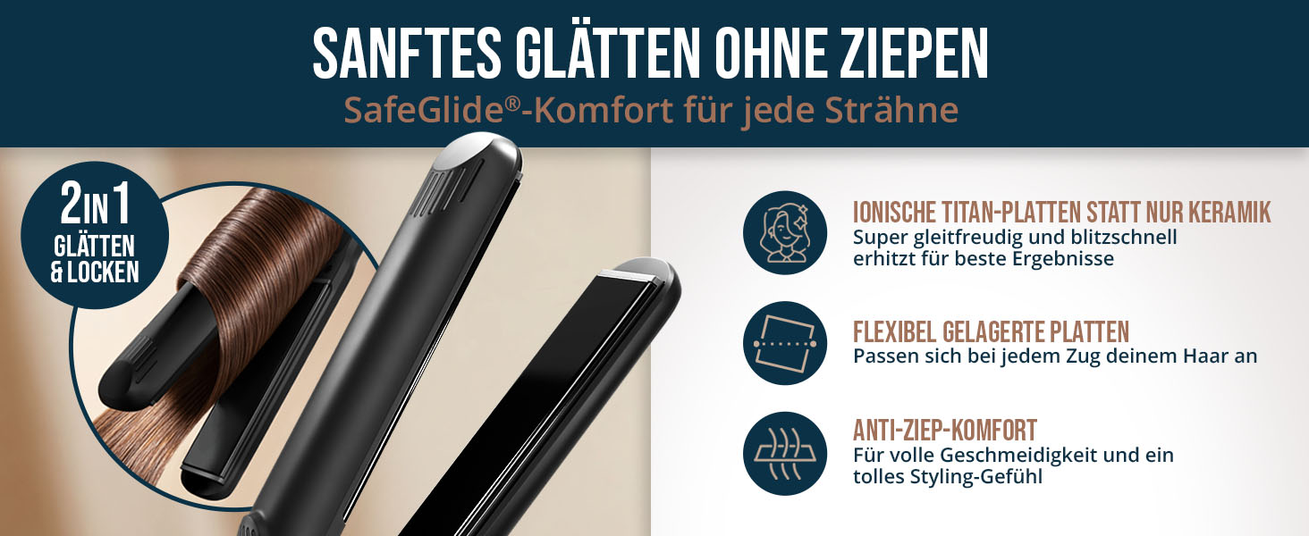 Випрямляч для волосся 2в1 SafeGlide Touch з титановими іонами проти кучерявості та заплутування, для всіх типів волосся, з дорожнім чохлом