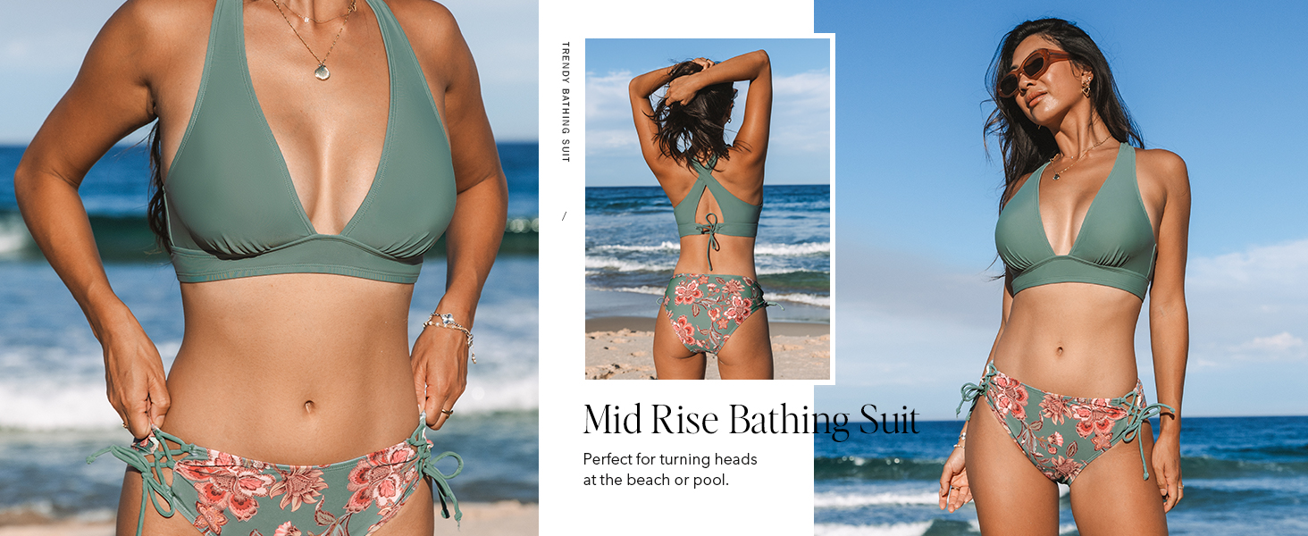 CUPSHE БІКІНІ Спортивний Роздільний Купальник з V-подібним вирізом, на зав'язках, низька талія, квітковий принт, оливковий колір, для жінок