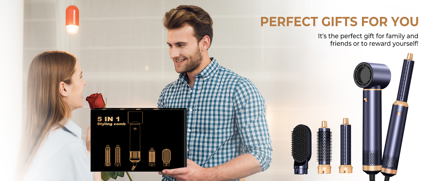 Мультистайлер для волосся 5 в 1 UKLISS Airstyler: фен, вирівнювач, гофре та круглі щітки для укладки, чорний з синім