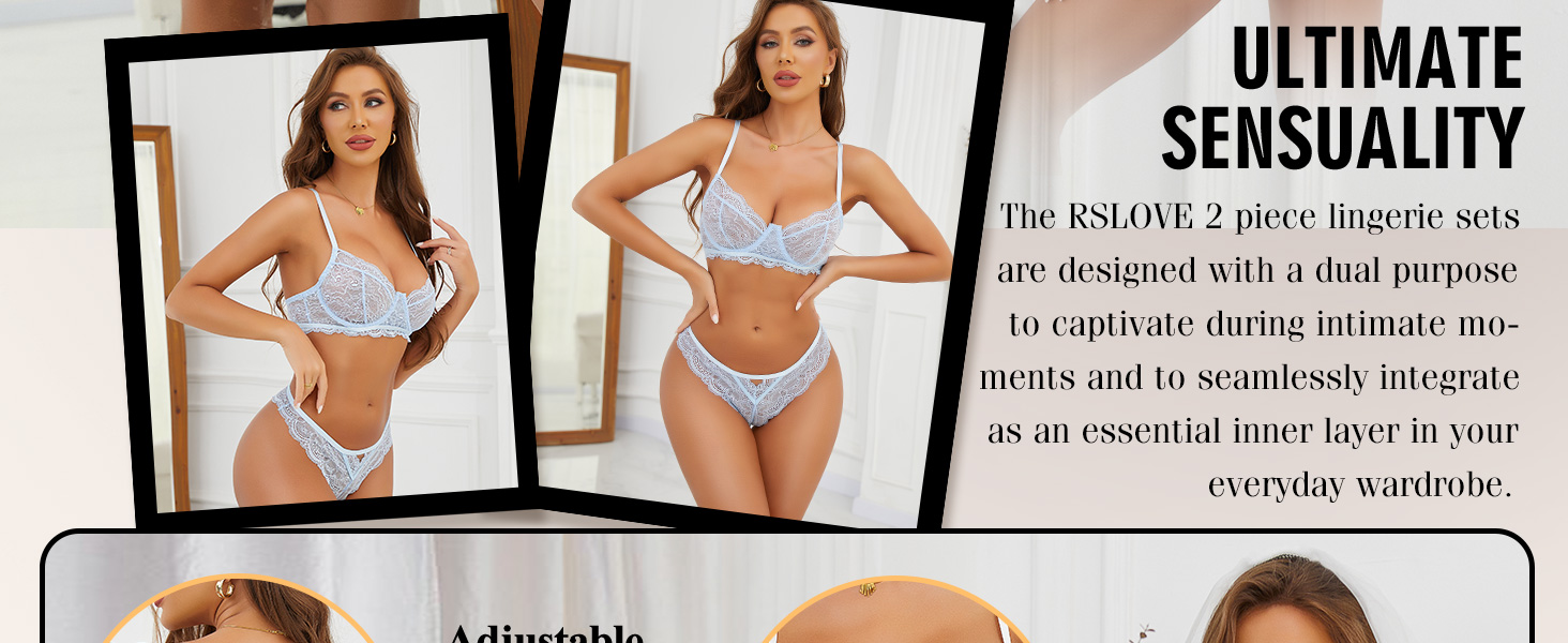 RSLOVE Комплект спідньої білизни для жінок: мереживний, прозорий, сексуальний комплект, бюстгальтер та труси (2 частини), чорний, XXL