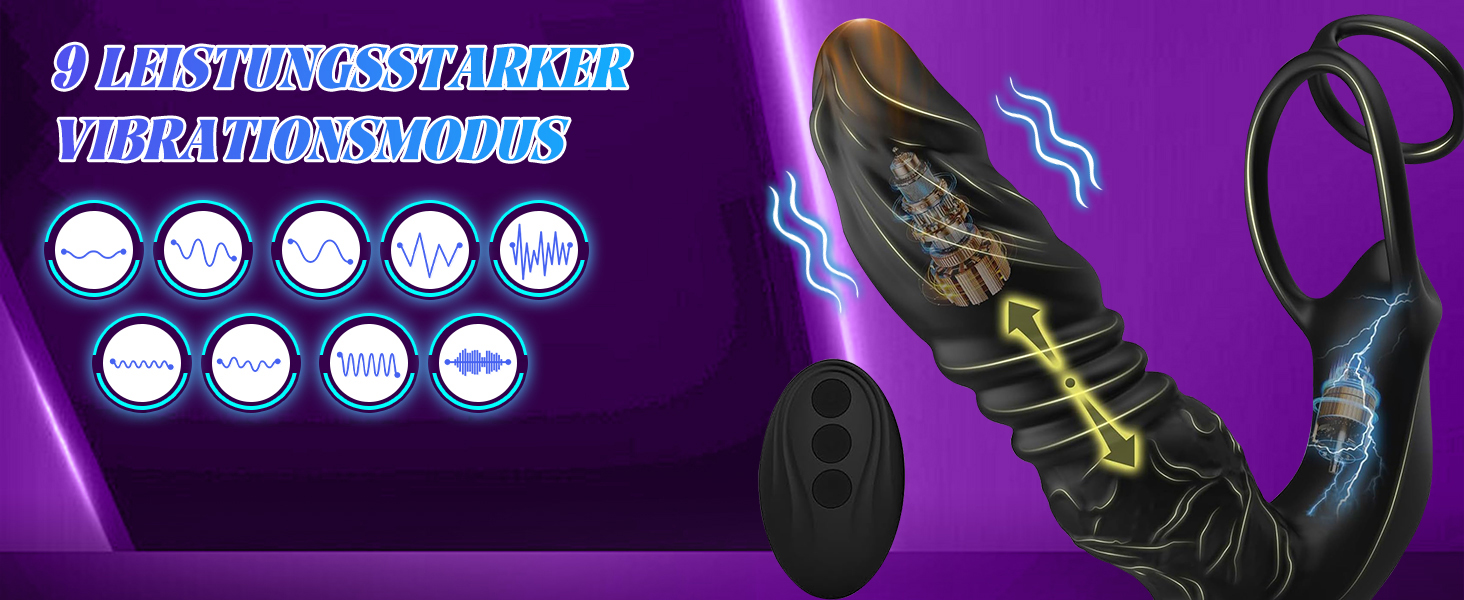 Анальні вібратори TDLPlus з 9 телескопічних та 9 режимів вібрації – ергономічний анальний дildo та анальний плагін для стимуляції простати, з подвійним кільцем для пеніса, секс-іграшки для чоловіків та пар