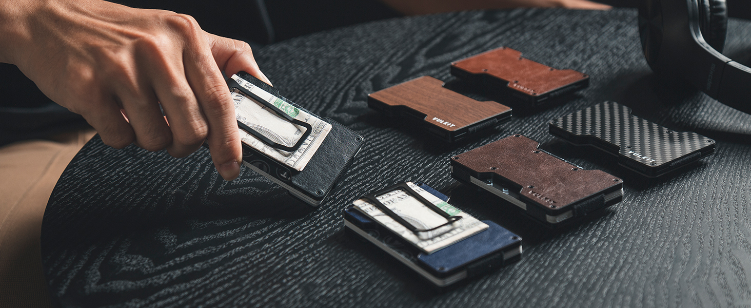 Чоловічий картхолдер VULKIT зі сталевим затискачем для грошей, Slim Wallet з RFID-захистом, компактний гаманець з текстурою під дерево на 12–15 карток