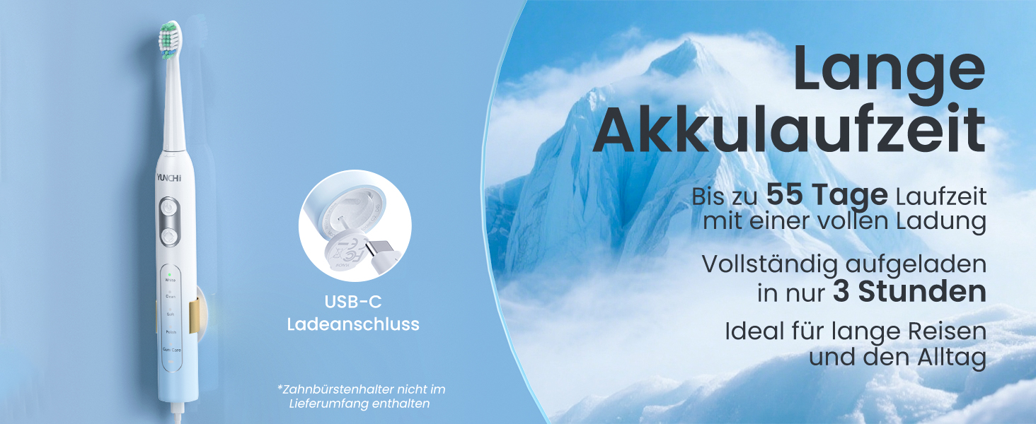 Електрична сонічна зубна щітка YUNCHI C2 для дорослих, 40000 вібрацій/хв, 5 режимів чищення, USB-C зарядка, 8 насадок, таймер на 2 хв, дорожній футляр (блакитно-білий градієнт)