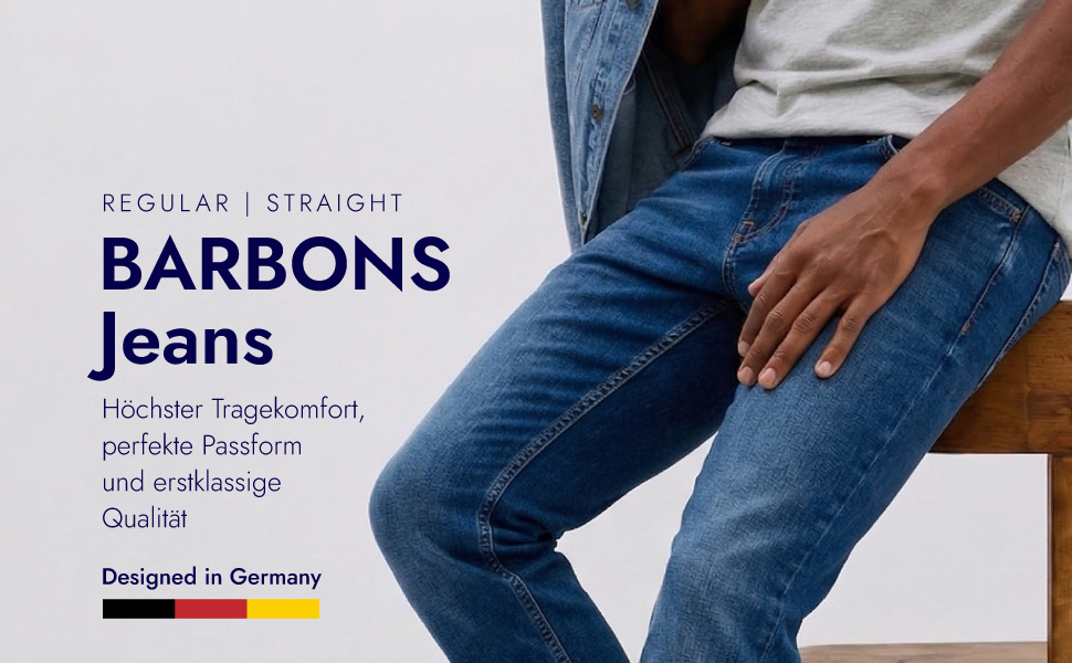 Чоловічі джинси BARBONS Regular-Fit Stretch — класичні прямі джинси синього кольору для бізнесу та відпочинку, 36W / 32L