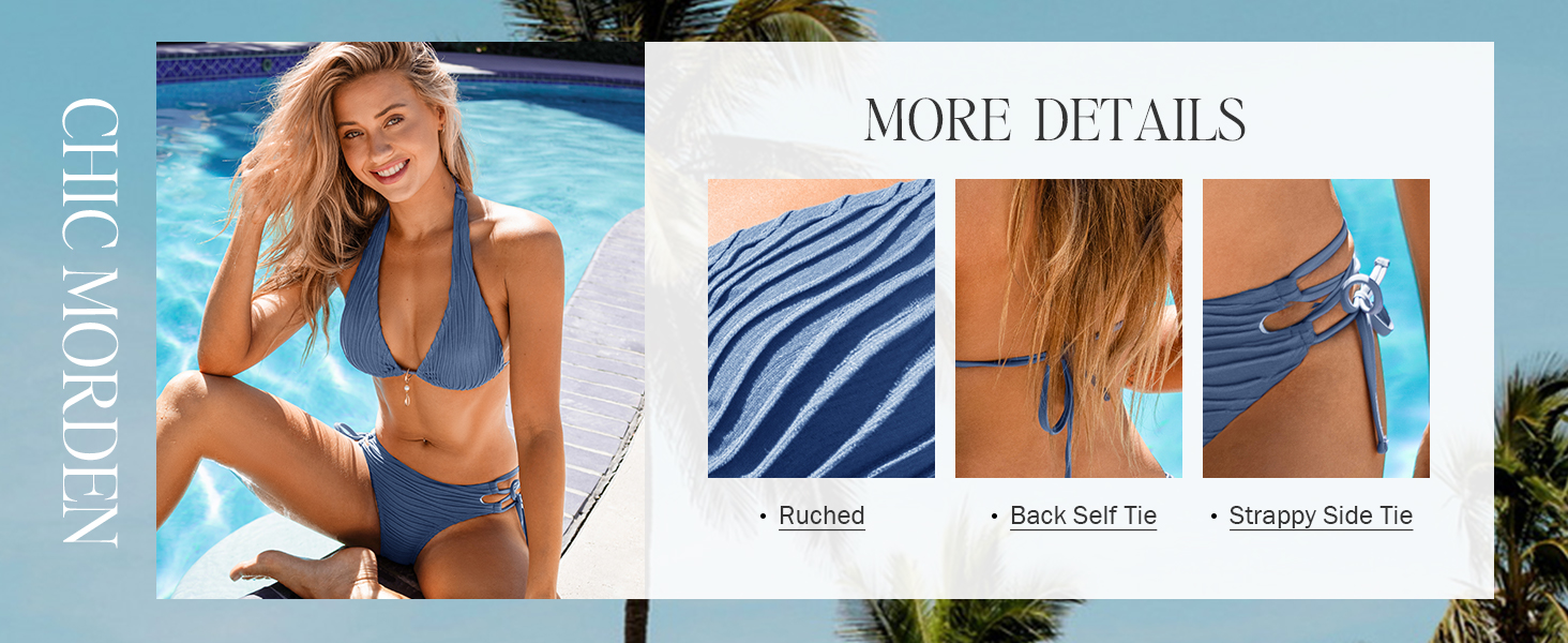 CUPSHE БІКІНІ Сет: V-подібний виріз, зав'язки, низька талія, мереживо, двочастинний купальник, блакитний