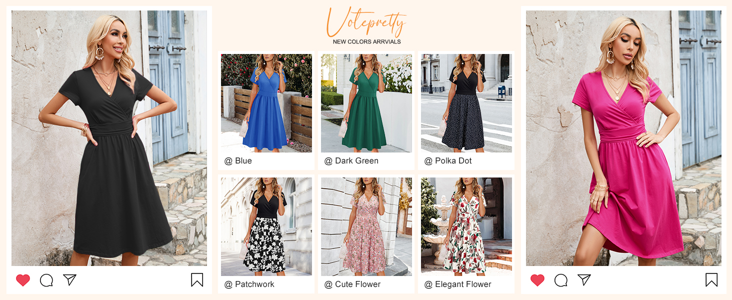 Сукня жіноча літня VotePretty з коротким рукавом, V-подібним вирізом, запахом, довжиною до коліна, з кишенями, колір - темно-синій (Marine)