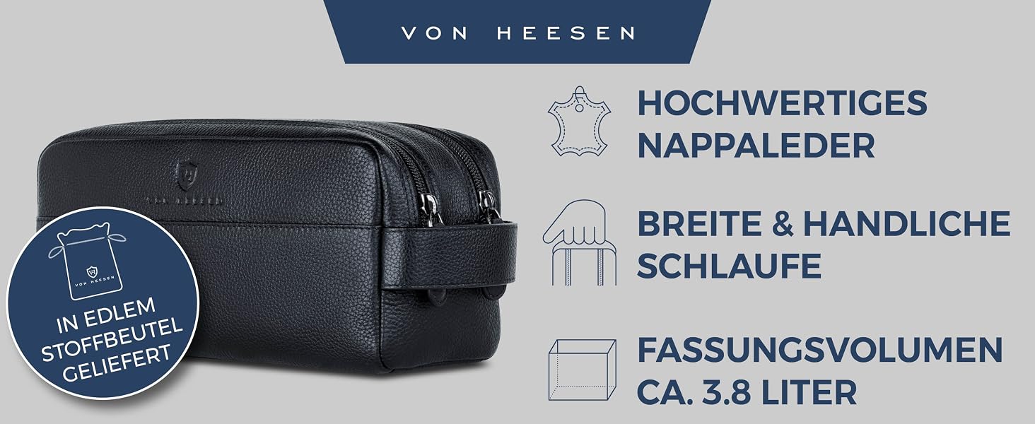 Шкіряна косметичка для подорожей VON HEESEN — універсальна сумка для аксесуарів та гігієни з 2-ма відділеннями, натуральна шкіра, чорна, великий розмір