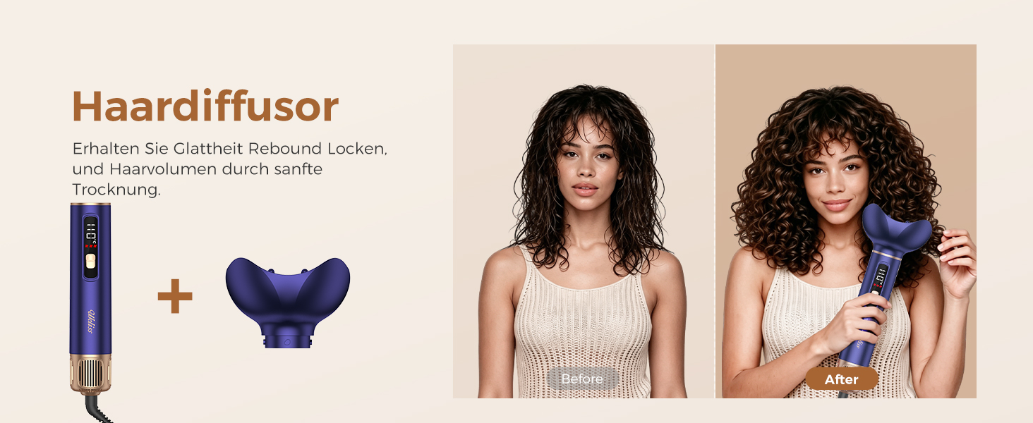Мультистайлер для волосся 6 в 1 UKLISS Air Styler Set з дифузором, LCD-дисплеєм та насадами для завивки, сушіння та вирівнювання, 1000 Вт, Gold Blue