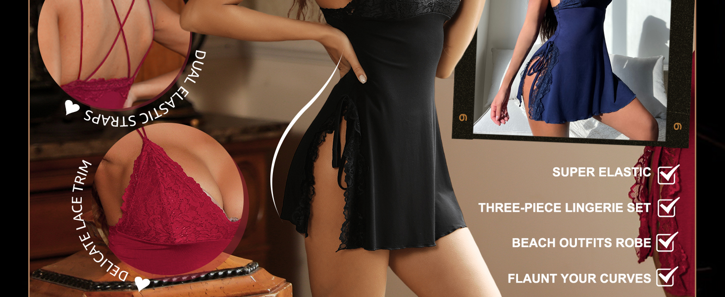 Еротична нічна сорочка Babydoll RSLOVE - чорна мереживна комбінація XXL
