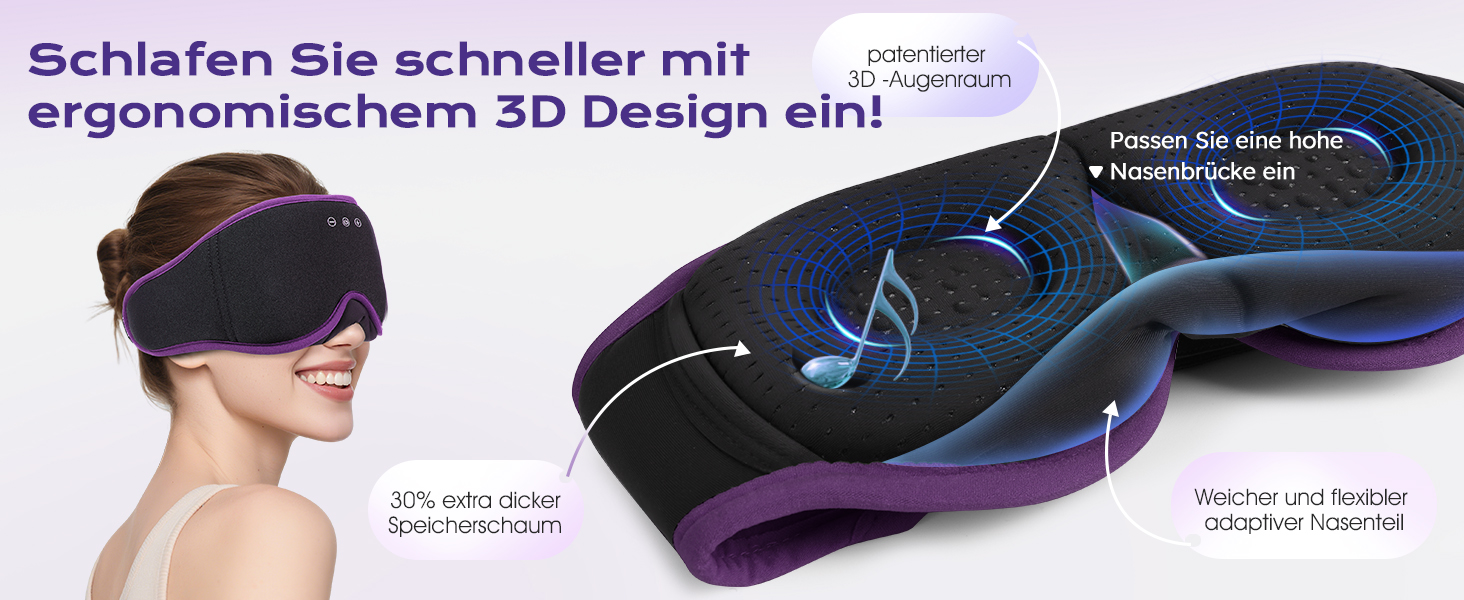 Маска для сну з Bluetooth-навушниками LC-dolida V5.4, дихаюча 3D маска для очей з мікрофоном з бавовни, миюча, для подорожей, йоги та медитації (Лаванда)