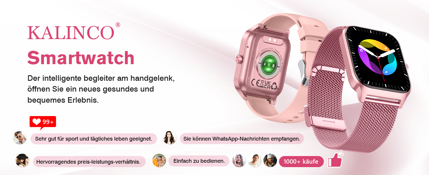 Смарт-годинник KALINCO для чоловіків та жінок з Bluetooth-дзвінками, вимірюванням тиску, пульсу та SpO2, AI фітнес-трекер, 100+ спортивних режимів, аналіз сну, сумісний з iOS та Android, колір: Rose Milano