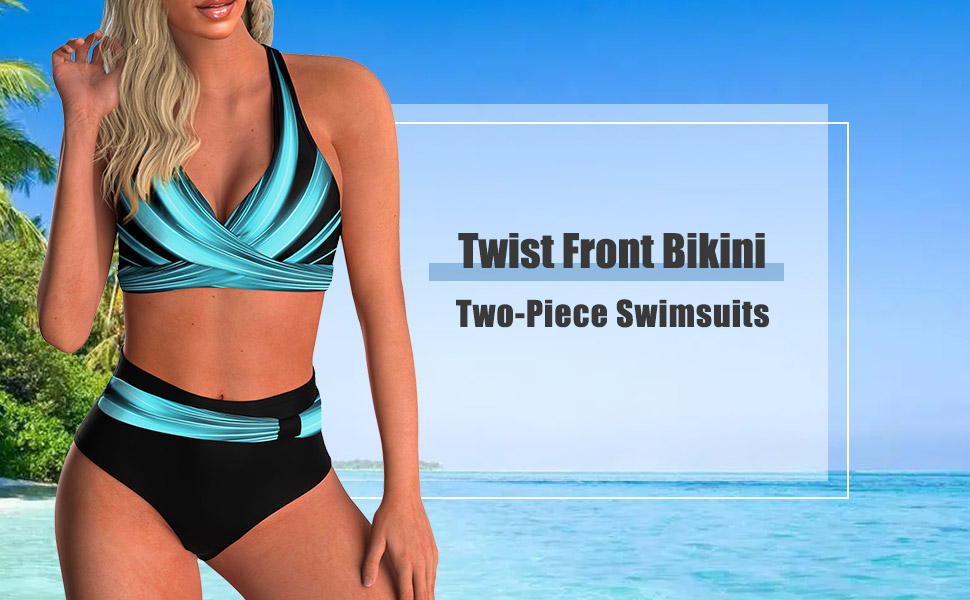 Жіночий двочастинний купальник Adigaber з V-подібним вирізом, квітковий принт, бікіні з животом, комплект M, синій у смужку