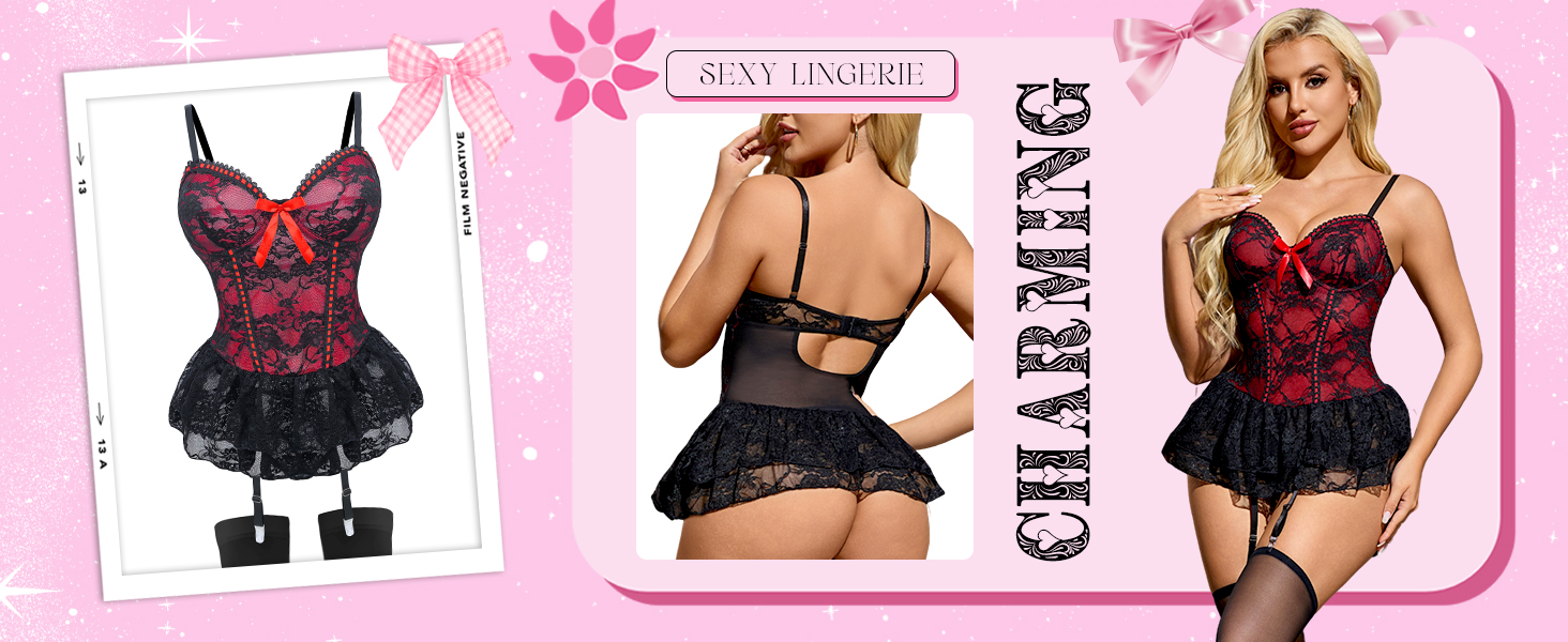 Сексуальна спідня білизна для жінок: комплект мереживний боді з панчохами, лямками, тедді, бабідолл з стріжками. Ідеально для Хелловіну та Різдва, червоний колір