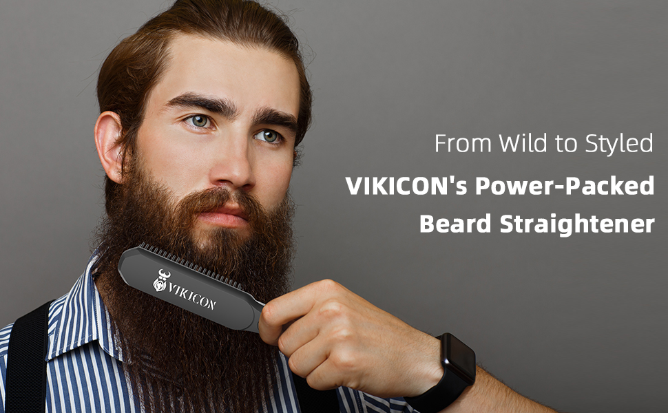 Міні-випрямляч для бороди та волосся VIKICON, професійна стайлер-щітка з негативними іонами, 3 режими температури, портативний, чорний