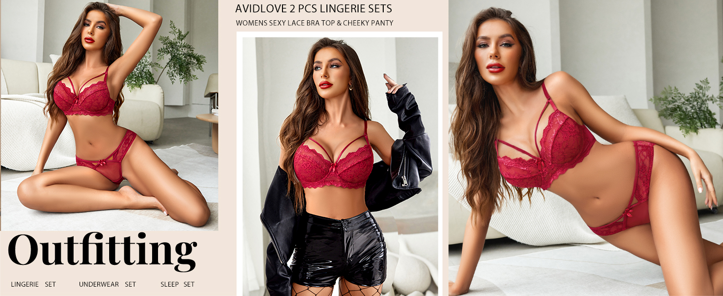 Avidlove Комплект жіночої білизни з мережива, сексуальний бюстгальтер з кісточками та трусики Push up, мереживний комплект, сексуальна білизна, вишуканий вигляд, червоний, XXL