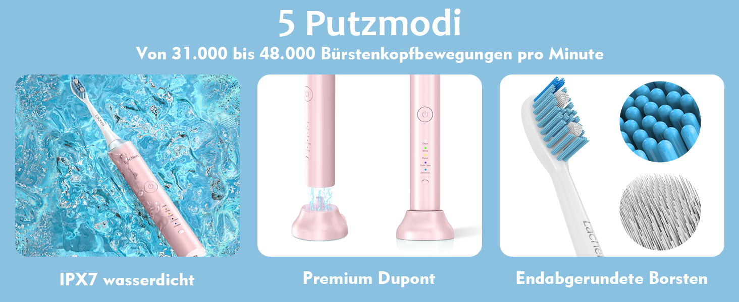 Електрична сонічна зубна щітка Lächen, 5 режимів роботи, рожева — з дорожнім футляром, 4 насадками, USB-зарядкою та таймером, водонепроникна IPX7