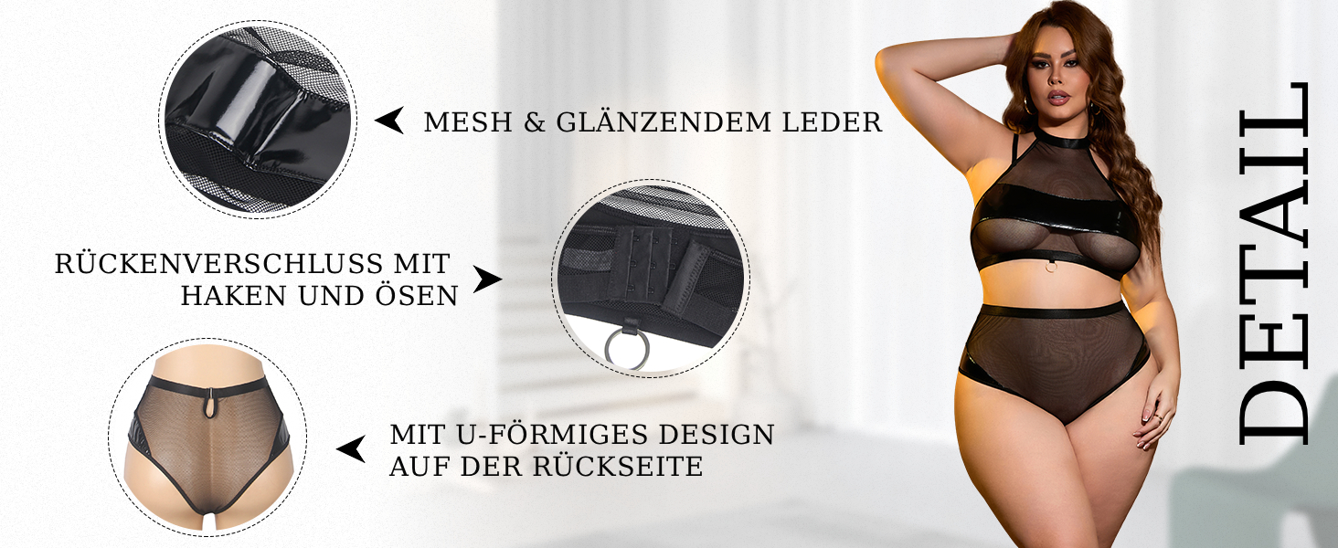 Сексуальна спідня білизна Ohyeahlady з шкіри та сітки, великі розміри, комплект для рейву, прозорий топ та шорти, чорний (упаковка поштучно) XXL