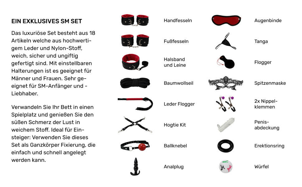 Набір для бонджа 18 предметів: фетши, наручники, маска для очей. SM-набір для початківців та досвідчених, чорний/червоний