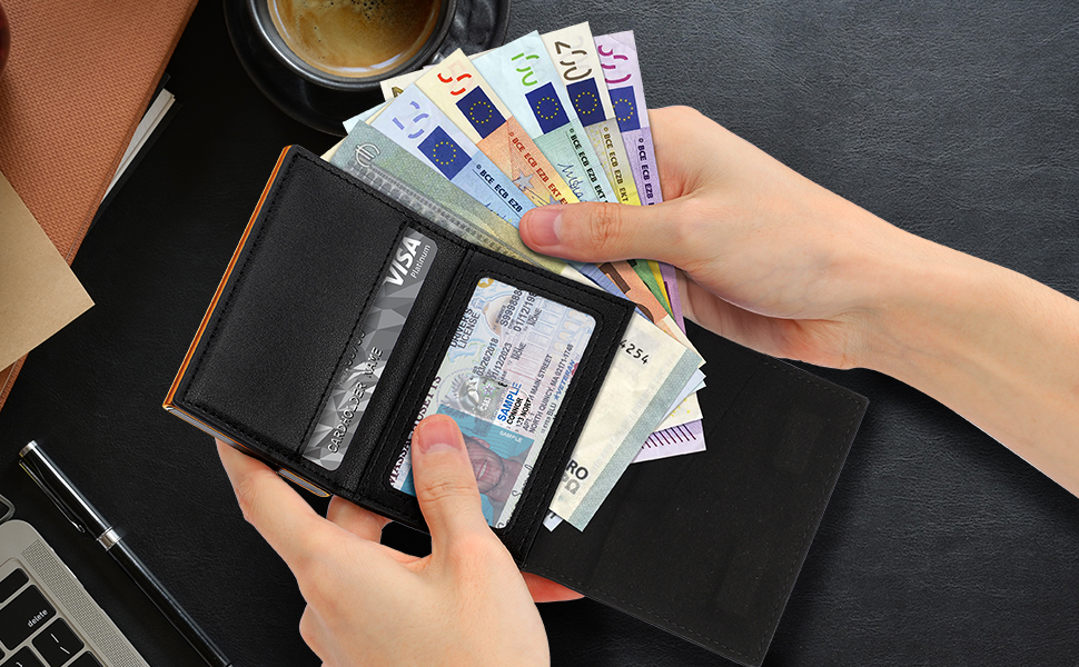 Тонкий чоловічий гаманець TENBST з RFID-захистом та монетницею, шкіряний картхолдер на 10 карток, Slim Wallet — Чорний та Помаранчевий