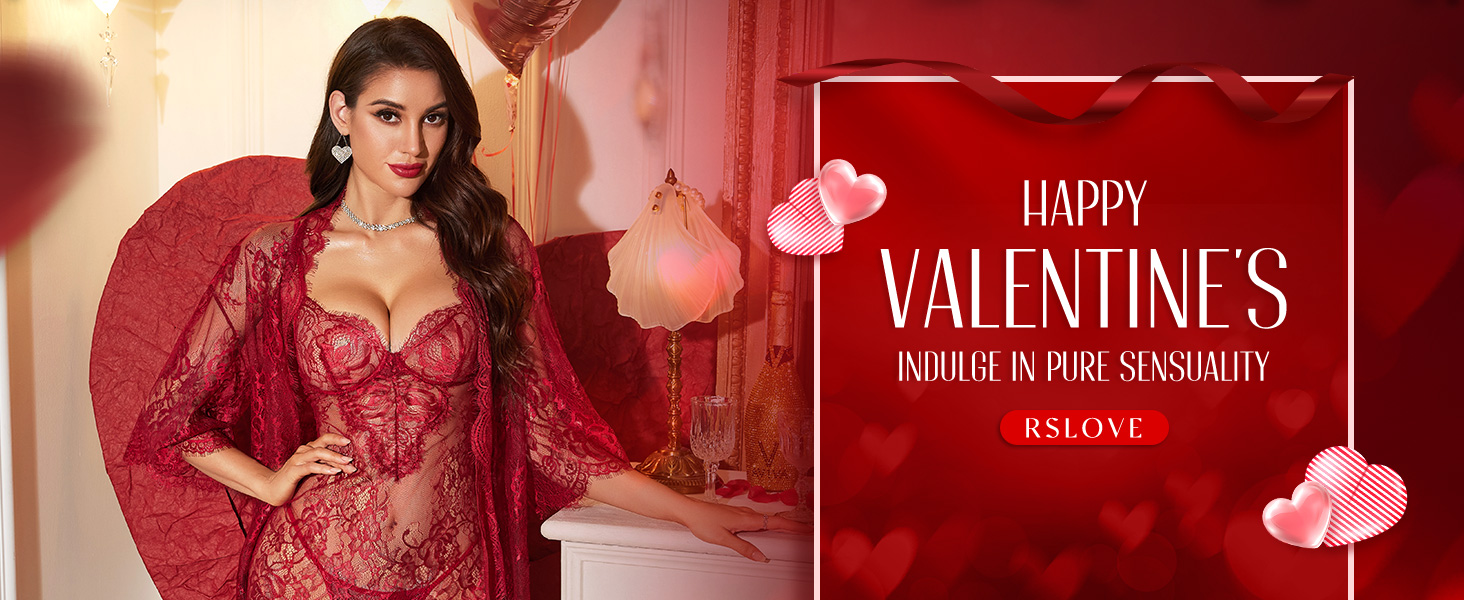 RSLOVE Комплект нижньої білизни для жінок: мереживний комплект з квітковим принтом, 3-частинний (Т-розріз), нічна сорочка, халат, розмір M, бордовий