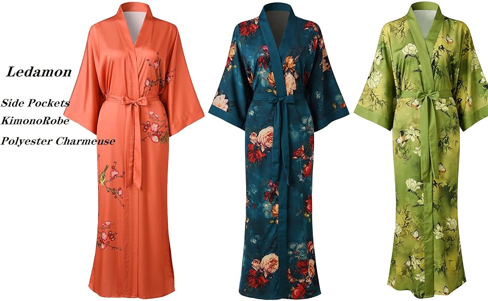 Жіночий халат кімоно Ledamon з кишенею, квітковий принт, чорно-сірий, універсальний розмір