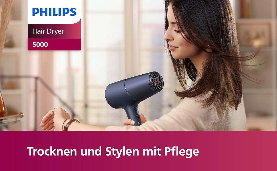 Фен для волосся Philips 5000 Series BHD510/20 з іонізацією та ThermoShield, 2300 Вт, металік-блакитний, з дифузором та насадками для стайлінгу