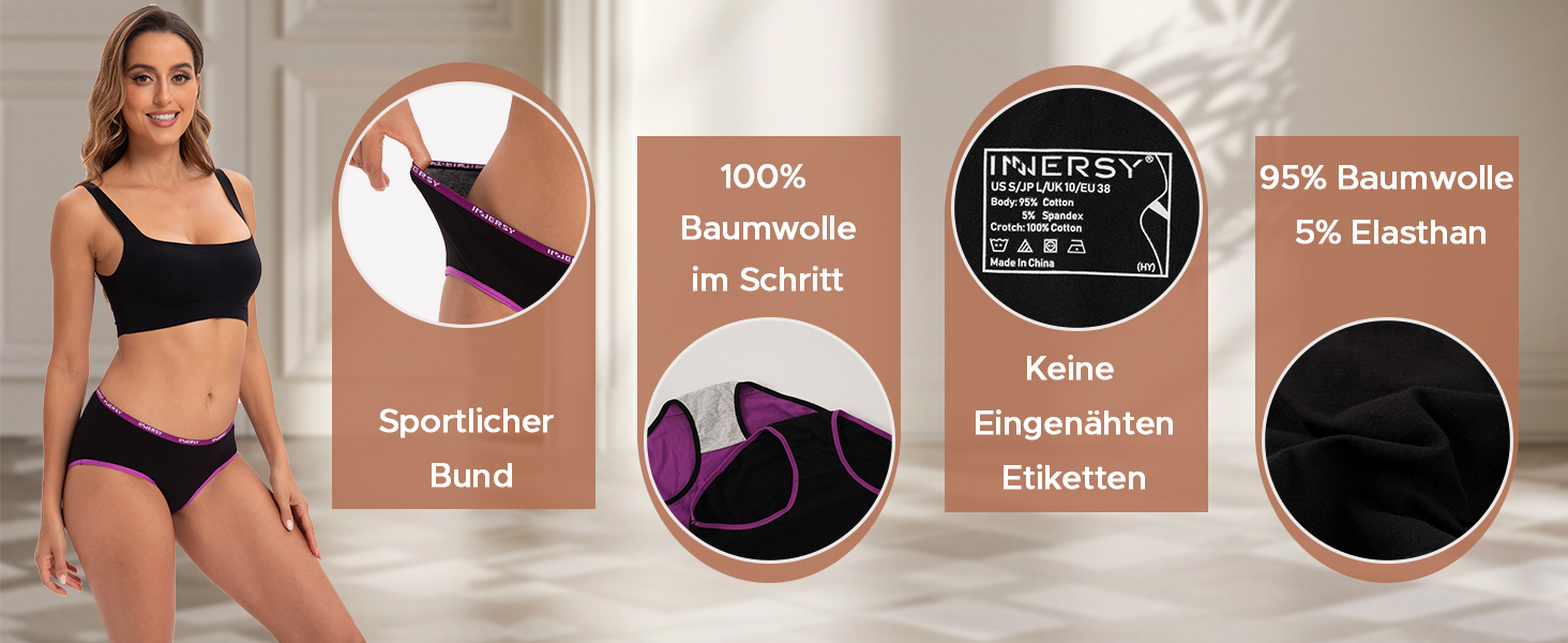 Сліпепи жіночі бавовняні INNERSY, комплект 6 шт, трусики-хіпстер, зручні, розмір M, темно-кольорові