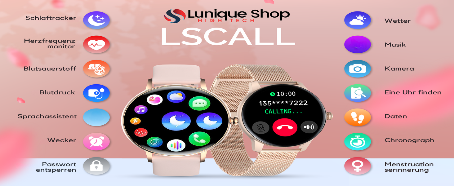 Смарт-годинник LSCALL для жінок з функцією дзвінків, голосовим помічником, вимірюванням SpO2 та тиском, 1.7'' дисплей, 2 ремінці, сумісний з iOS та Android, колір Gold/Pink
