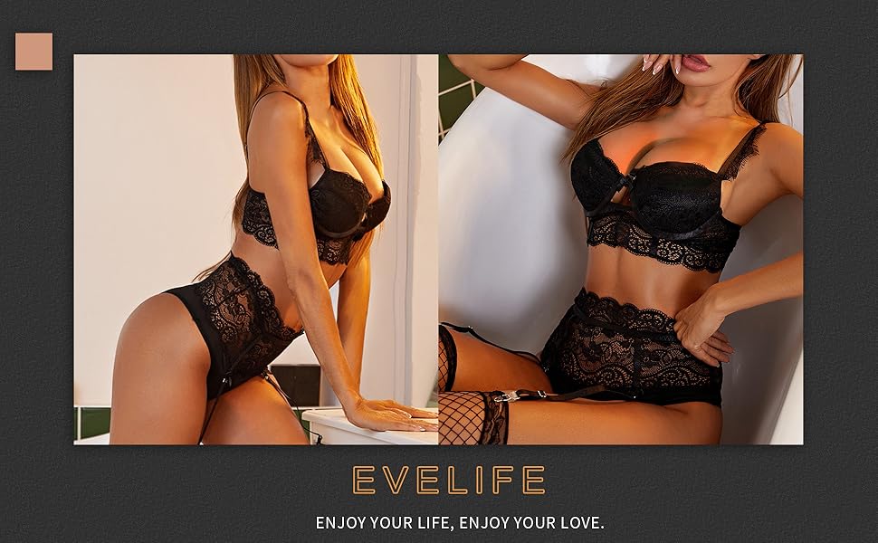 ЕVELIFE Комплект нижньої білизни для жінок: бюстгальтер та труси (3 шт.) - мереживний комплект, висока талія, стрінги, чорний, розмір 46