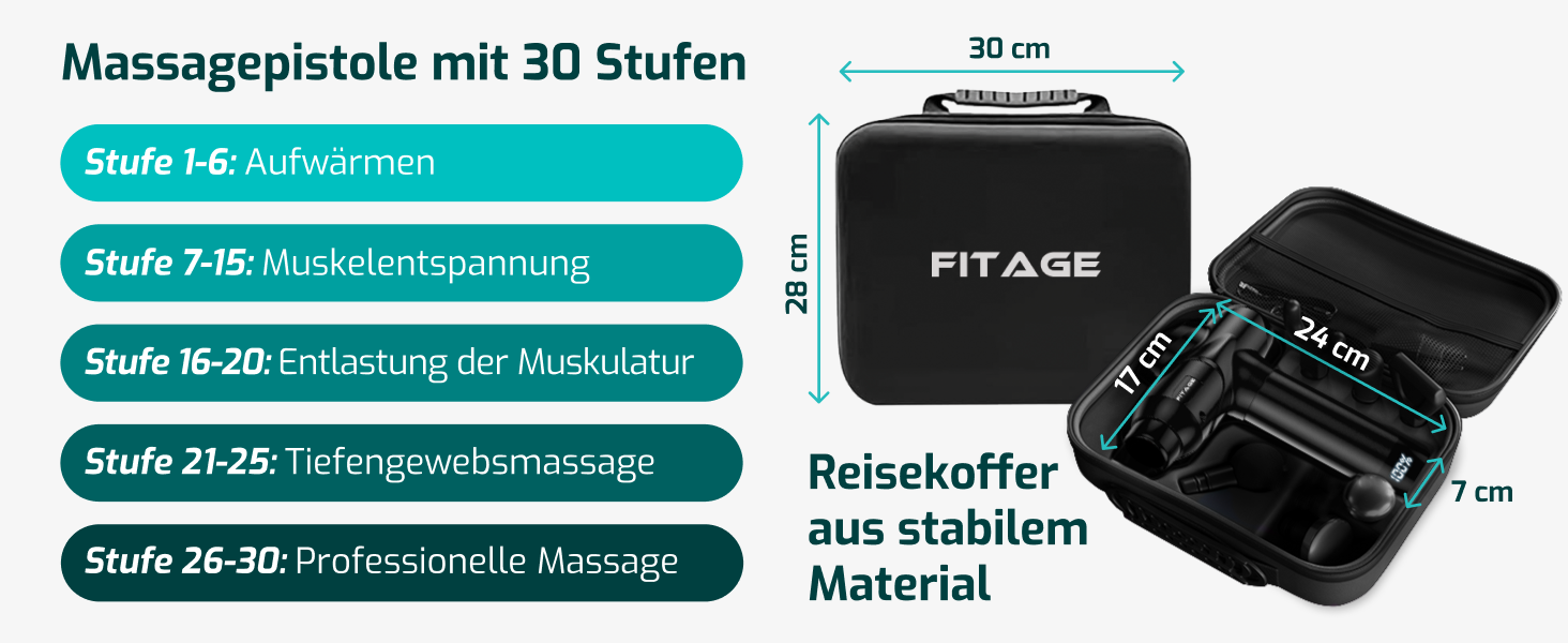 Перкусійний масажер FITAGE Massage Gun: безшумний електромасажер для тіла з 30 рівнями швидкості та 8 насадками для глибокого масажу м'язів, спини та плечей, чорний