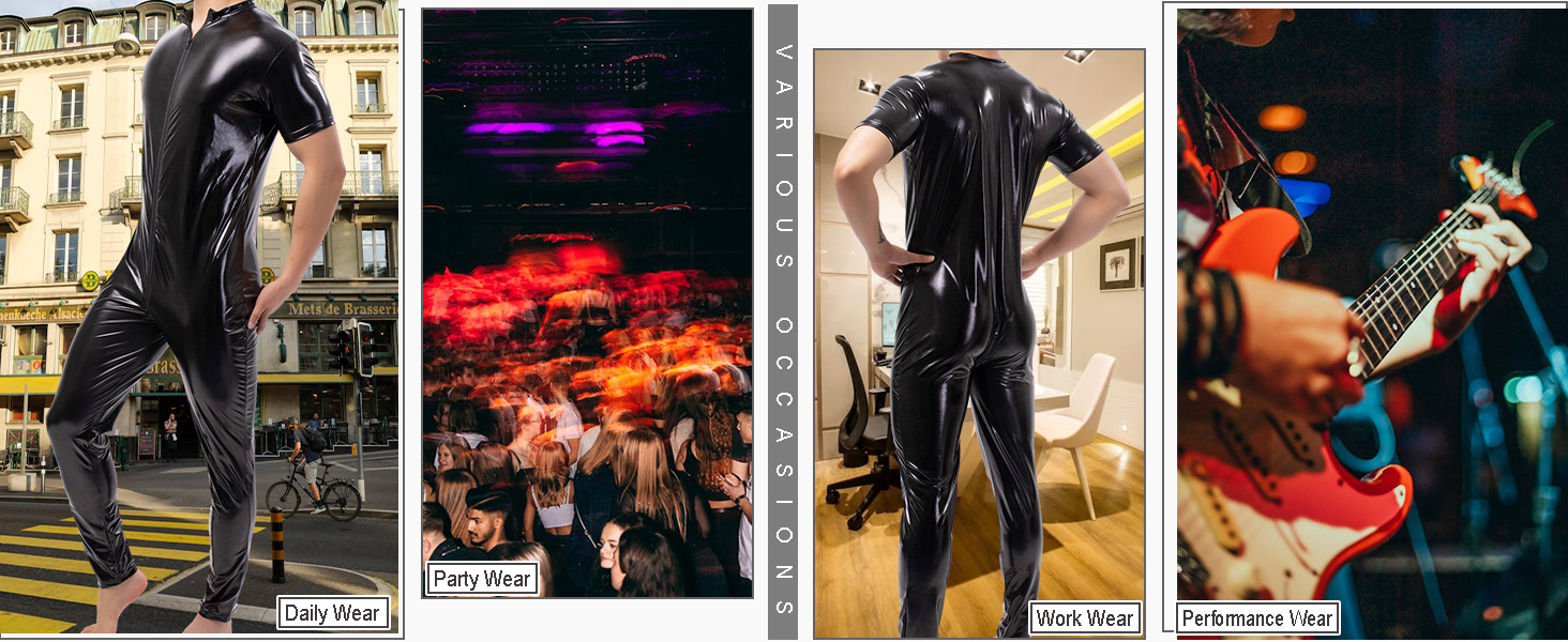 Чоловічі шорти-лосини QiaTi без рукавів з блискавкою, з штучної шкіри, боді з 2 кишенями для повсякденного носіння та клубів (XL, чорний)