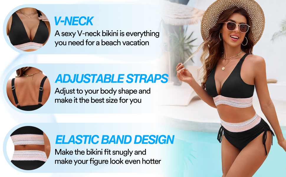 Бікіні з високою талією для жінок, комплект Push Up, контроль живота, регульовані бретелі, 2 шт., для пляжу, басейну, спа, чорний
