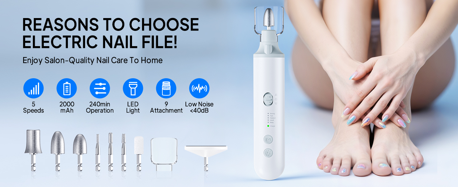 Акумуляторний електричний апарат для манікюру та педикюру 20000 об/хв, безщітковий нігтьовий фрезер з LED-підсвіткою, 5 рівнів швидкості, для гель-нігтів, акрилу та огрубілої шкіри, білий