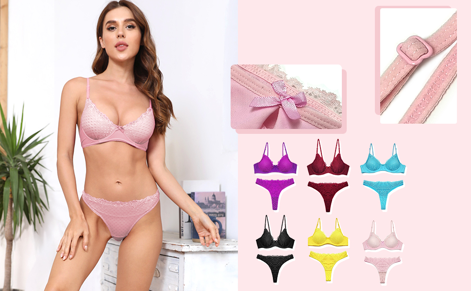 SHEKINI Сексуальний комплект нижньої білизни для жінок: бюстгальтер з кісточками, push-up, мереживо, посилений, танга, глибокий виріз, відкритий спина, бюстєль, спідня білизна, рожевий, 6114 XL