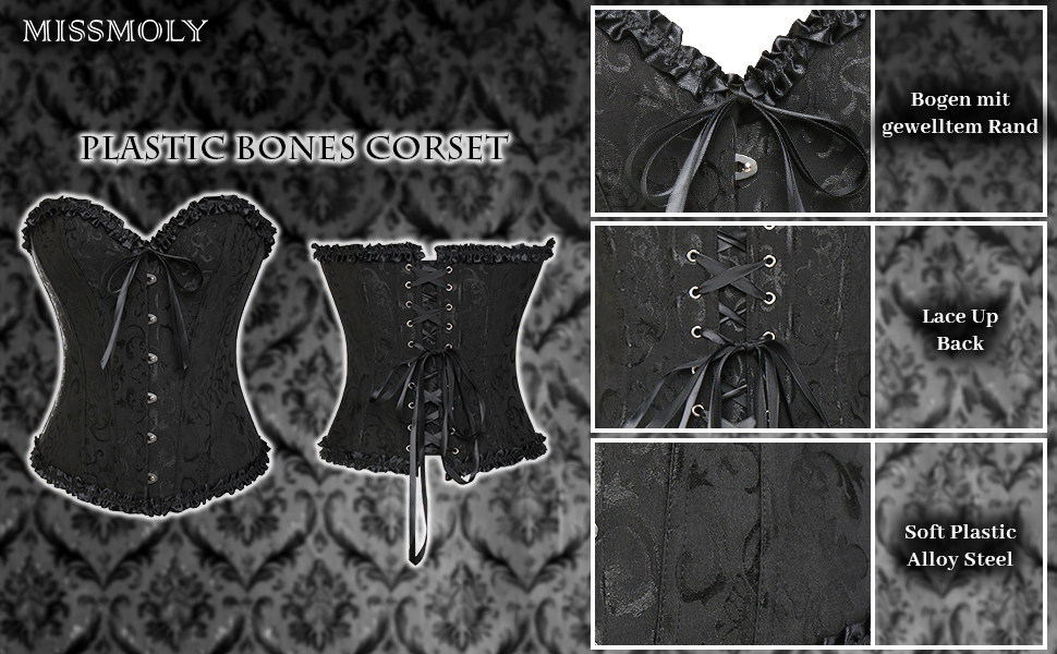 Корсет жіночий Miss Moly, вінтажний, повний бюст, класичні кольори, мереживо, бант, з принтом G-Tanga, чорний, на блискавці