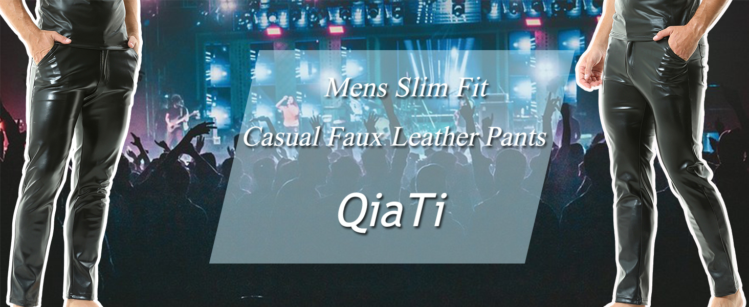 Чоловічі штани з екошкіри QiaTi - стильні прямі штани з еластичною тканини для мотоциклів та нічного клубу, чорного кольору, розмір L