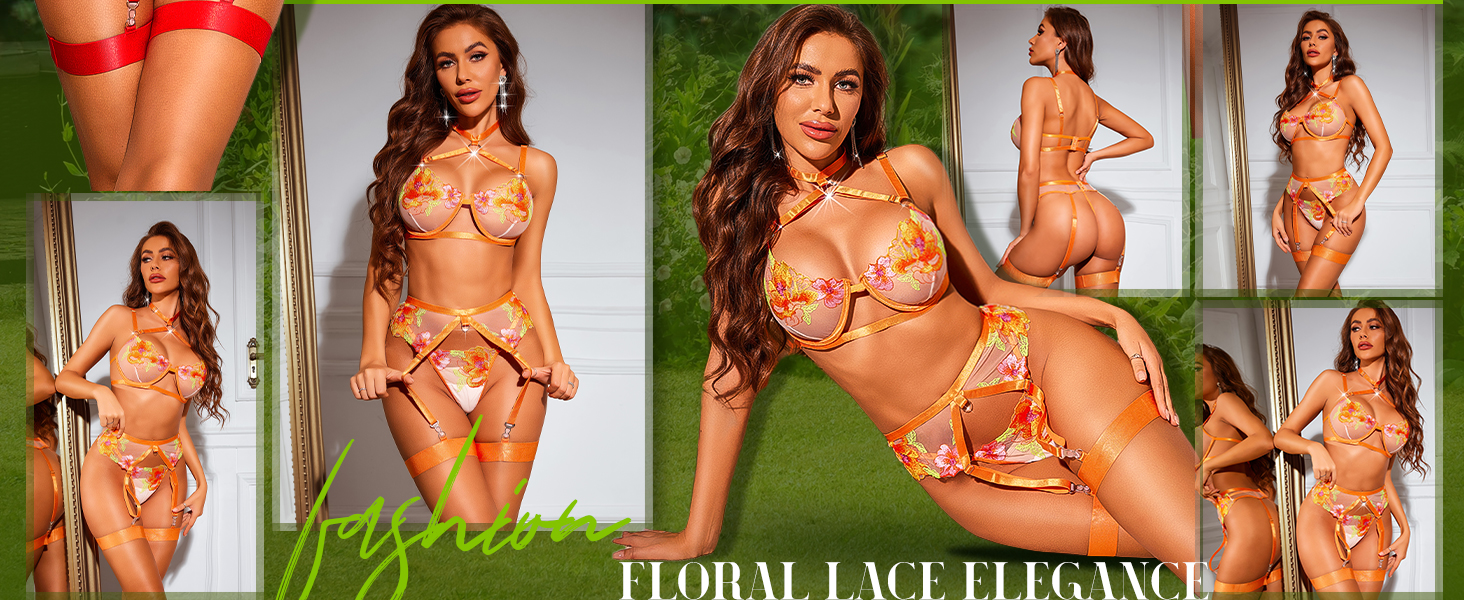 RSLOVE Комплекти нижньої білизни для жінок - Сексуальна спідня білизна з бретелями, мереживна піжама, комплект бюстгальтера та трусиків з стрічкою, XL, блакитний