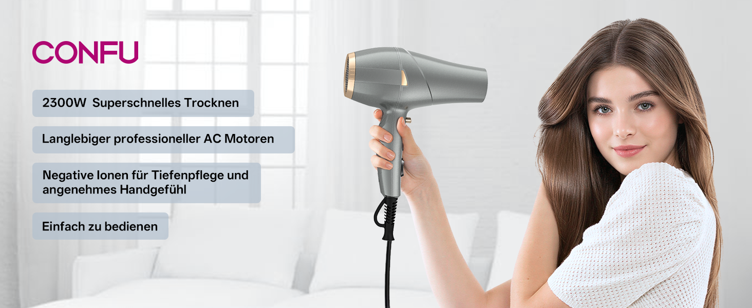 Професійний фен для волосся CONFU 2300W з іонною технологією, дифузором та вузьким соплом, AC-мотор, 2 швидкості, 3 температурні режими та холодний обдув, 220V (Сірий)