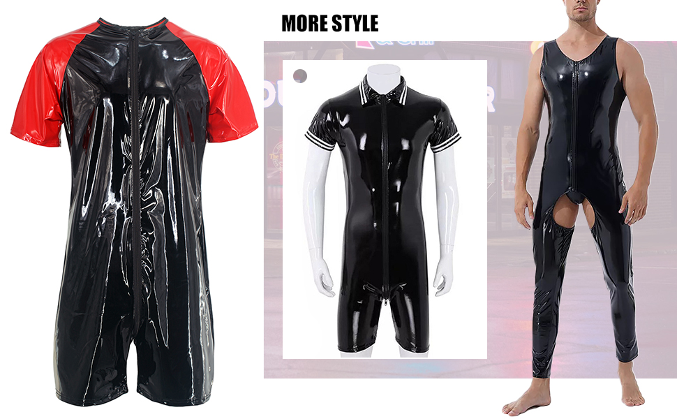 Комбінезон чоловічий лакований шкірозамінник PVC з довгим блискавкою, чорний, розмір L