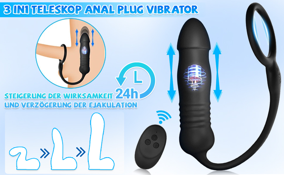 Масажер простати для чоловіків ChicLSQ з кільцем на пеніс, пультом керування та телескопічним вібратором. 3 режими вібрації + 3 режими ковзання. Інтимна іграшка для чоловіків