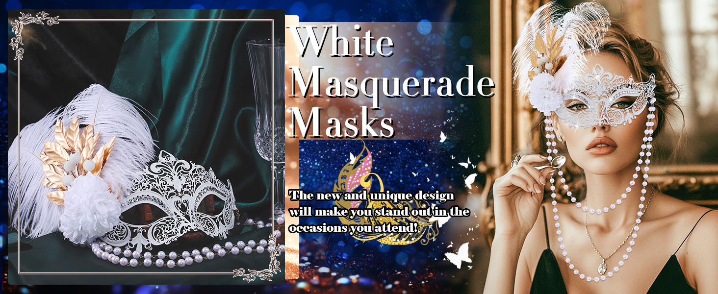 Маска для жінок IYOU, біла, з пір'ям та перловим намистом, для карнавалу, вечірки, балу