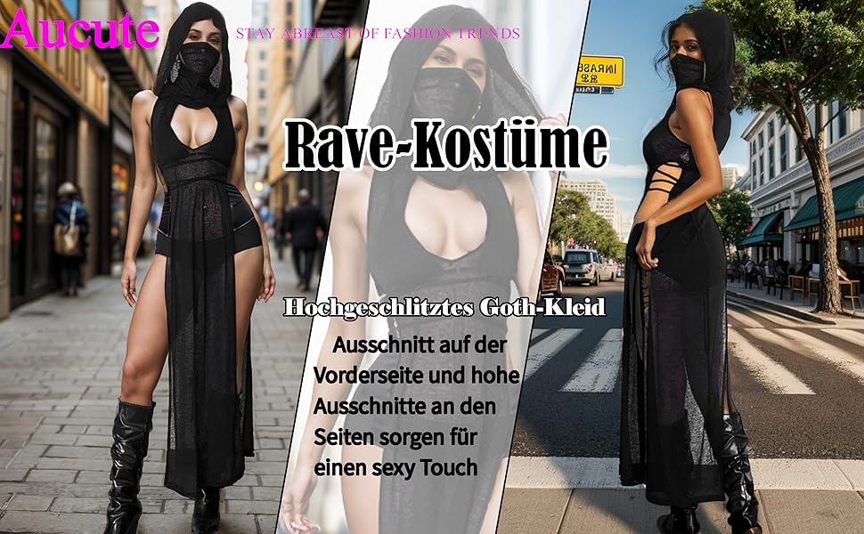 Жіноче прозоре готичне плаття Aucute з капюшоном та без рукавів, чорне, для Хелловіну, фестивалів EDM/Rave