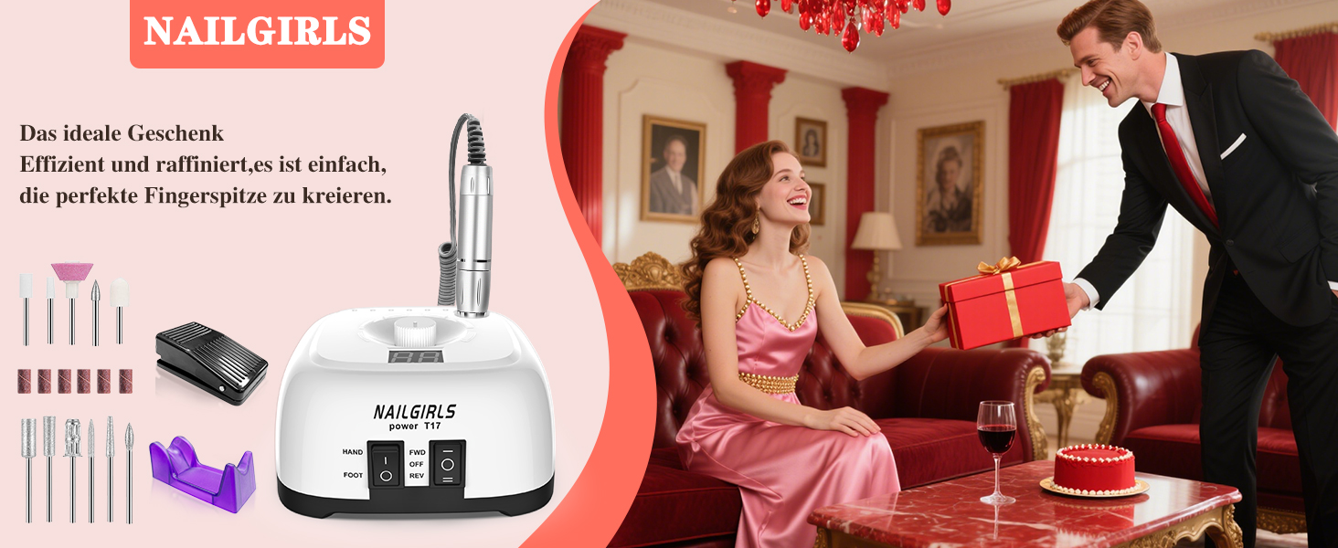 Електричний апарат для манікюру та педикюру NAILGIRLS 11 в 1, 35000 об/хв, з LCD-дисплеєм та педаллю, професійний набір для нарощених нігтів та гель-лаку (Білий)