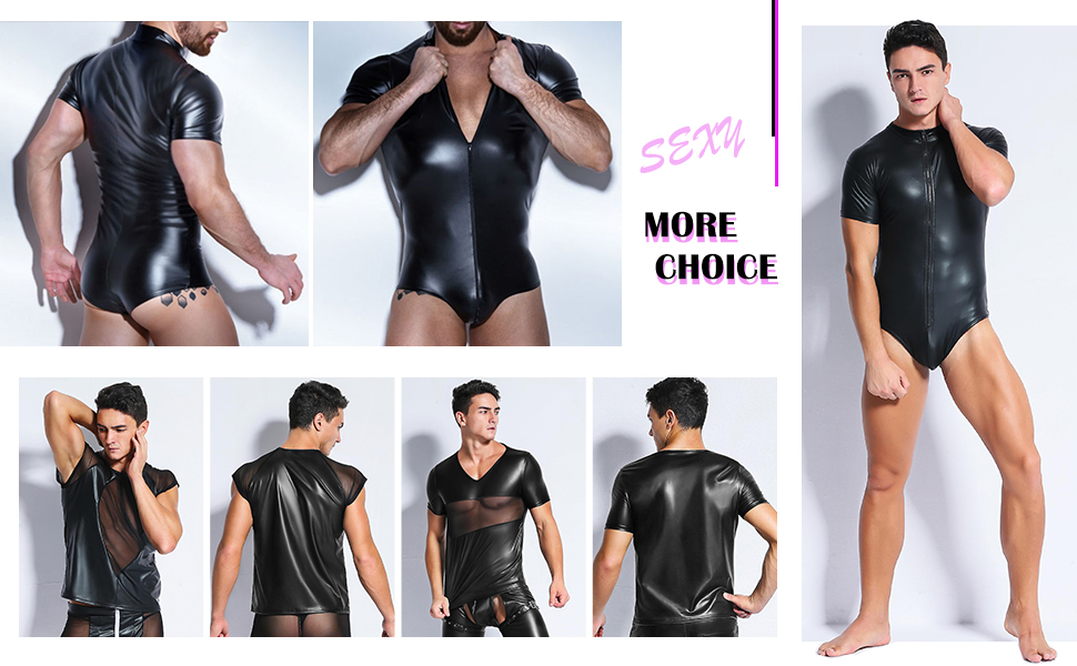 Чоловічий комбінезон з лакованої шкіри, мокрий ефект, шкіряна білизна, боді, відкриті труси, трикотажний боді, чорний, клубний одяг, XXL