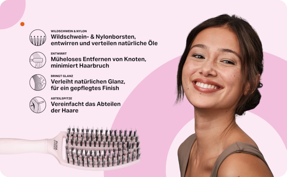 Щітка для волосся Olivia Garden Fingerbrush Care Iconic з щетиною кабана та нейлоном для розплутування та блиску, Pastel Pink Medium