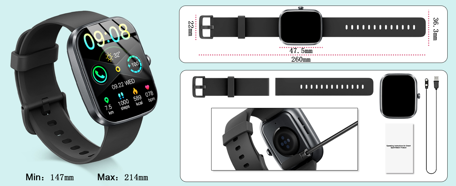 Смарт-годинник унісекс 1.91'' HD Fitness-годинник з Bluetooth, функціями вимірювання пульсу, SpO2, моніторингом сну, 113+ спортивними режимами, водонепроникність IP68 для Android та iOS (Чорний)