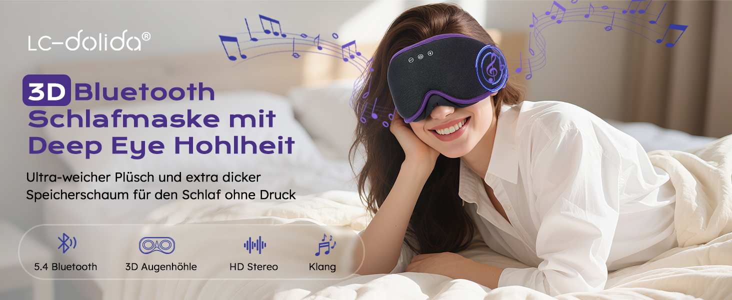 Маска для сну з Bluetooth-навушниками LC-dolida V5.4, дихаюча 3D маска для очей з мікрофоном з бавовни, миюча, для подорожей, йоги та медитації (Лаванда)